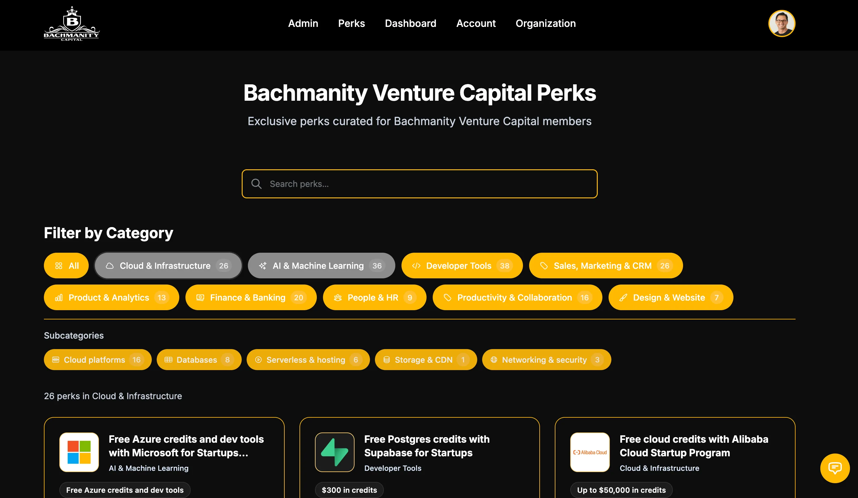 Bachmanity Venture Capital's branded PerkBook portal with searchable startup perks and categories