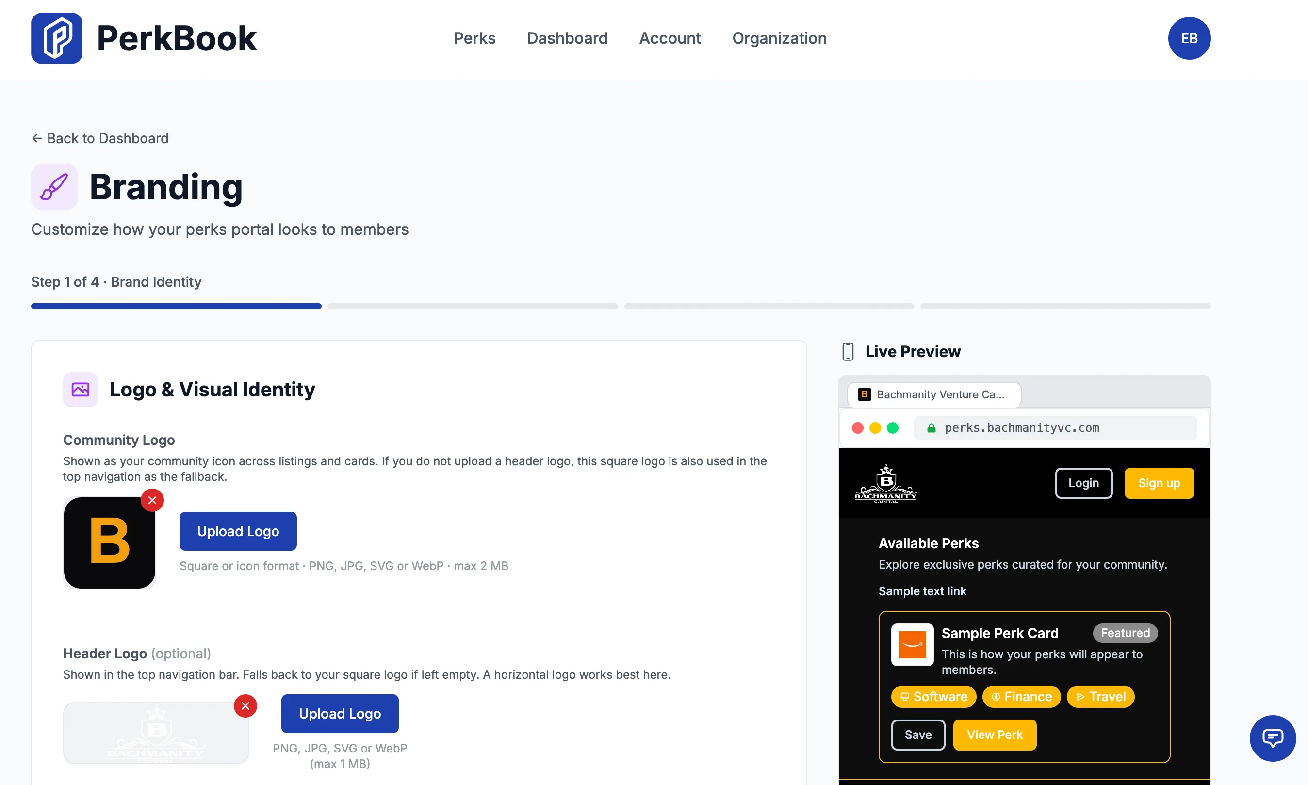 PerkBook Branding screen with logo settings and a live white-label portal preview