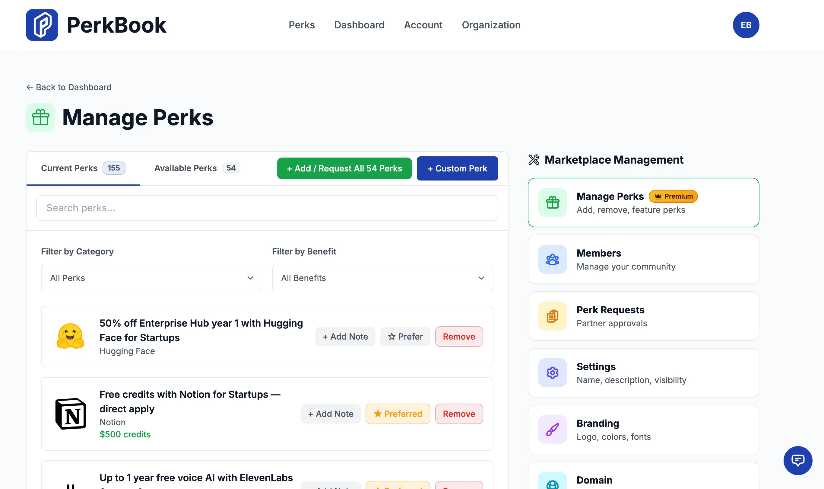 PerkBook Manage Perks screen for adding, removing, filtering, and featuring community perks